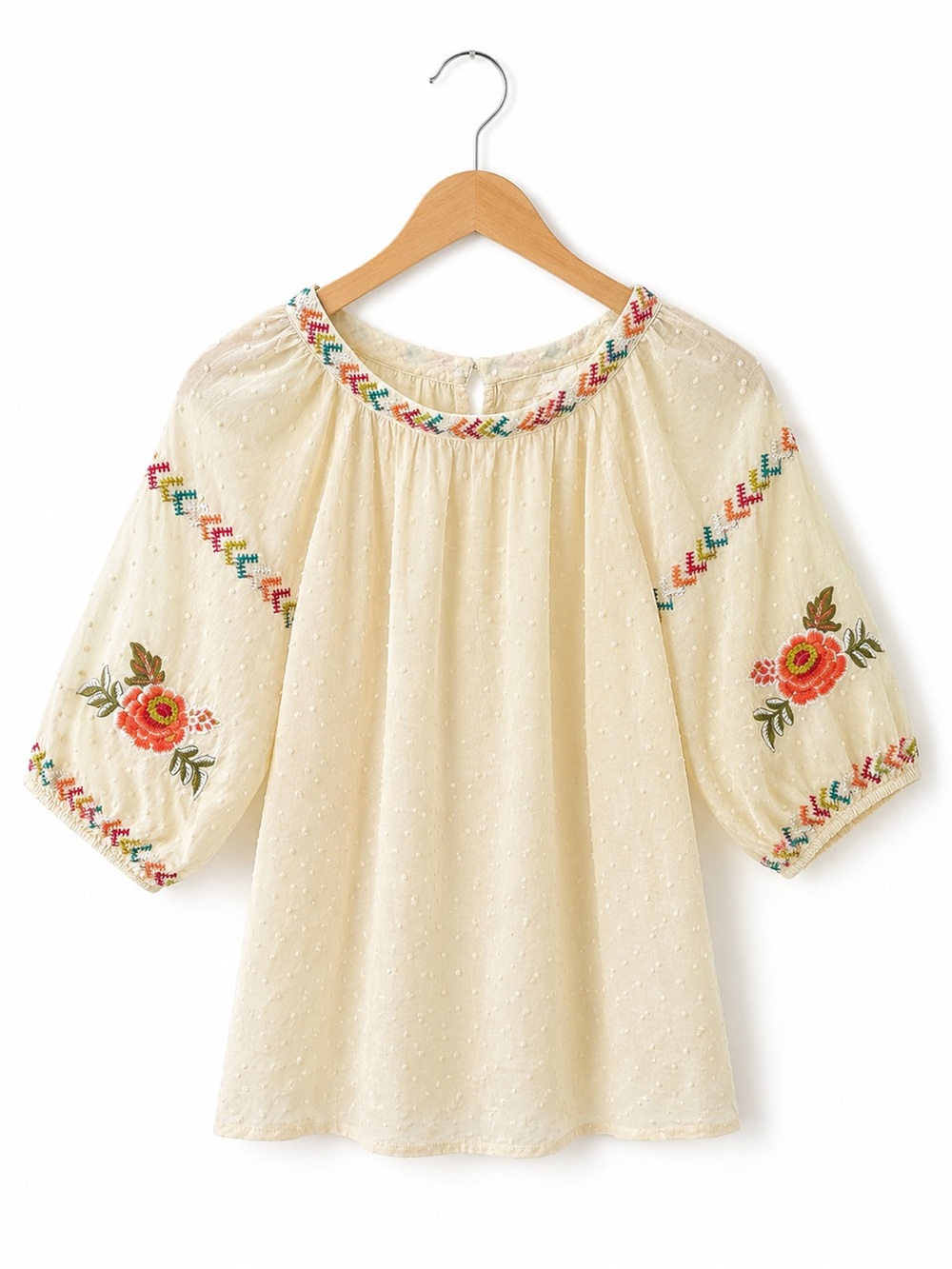 Solitaire Cream Embroidered Peasant Blouse with Floral Sleeves
